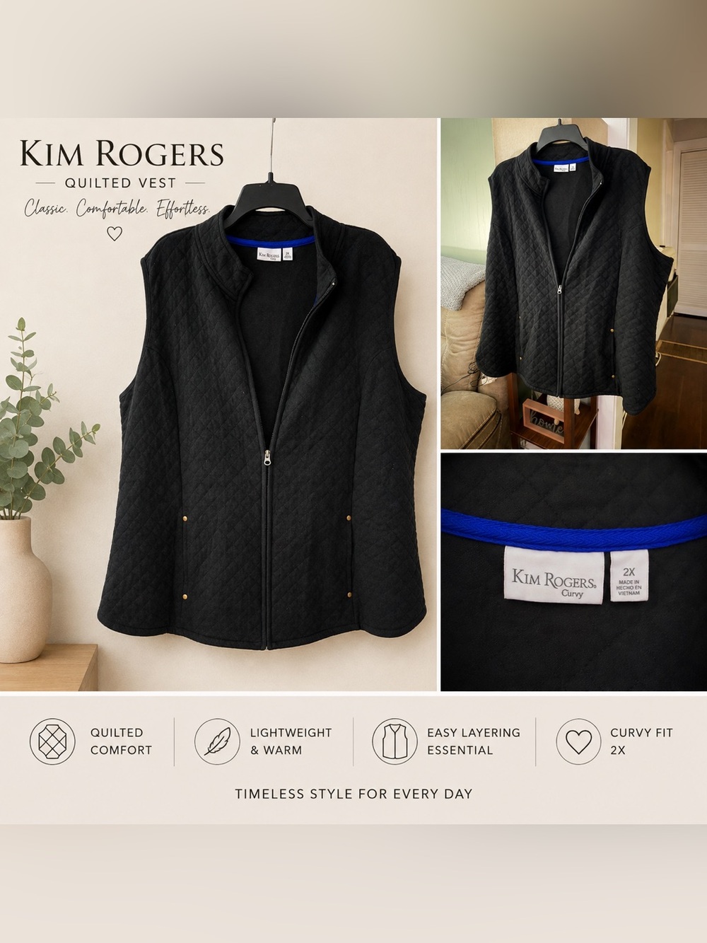 Kim Rogers Black Quilted Vest (Plus Size: 2X)